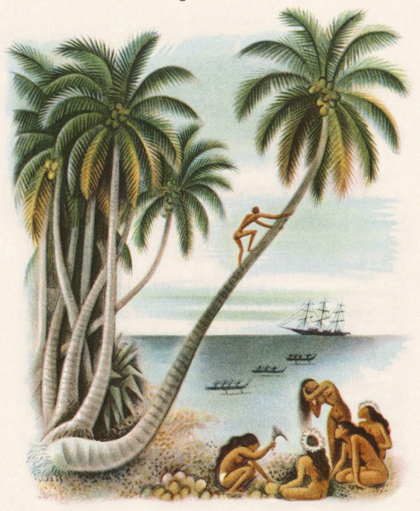 Island natives, with large 3-masted ship on horizon, and 3 canoes between the ship and the shore.