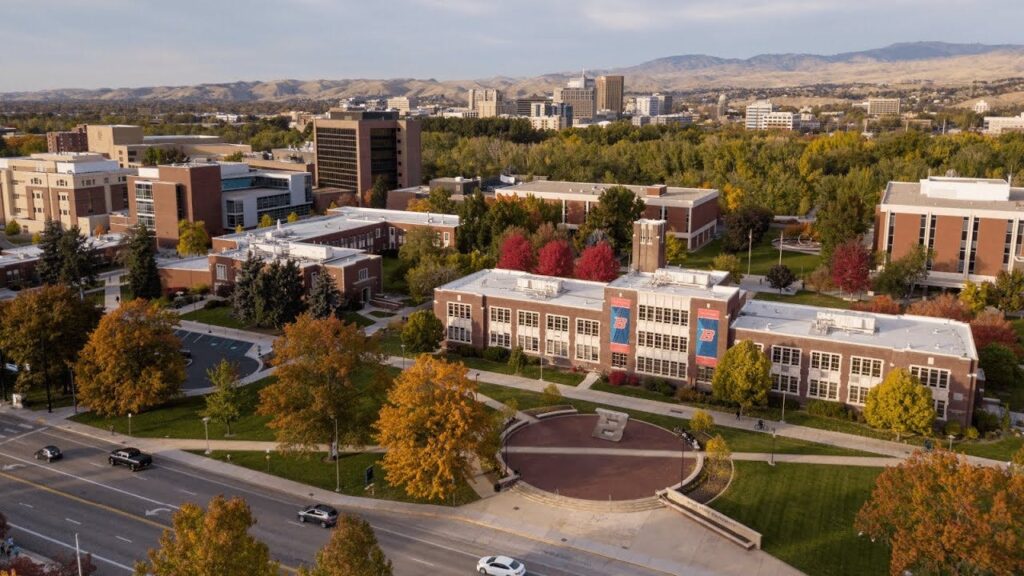 An aerial view of the campus of Boise State University.