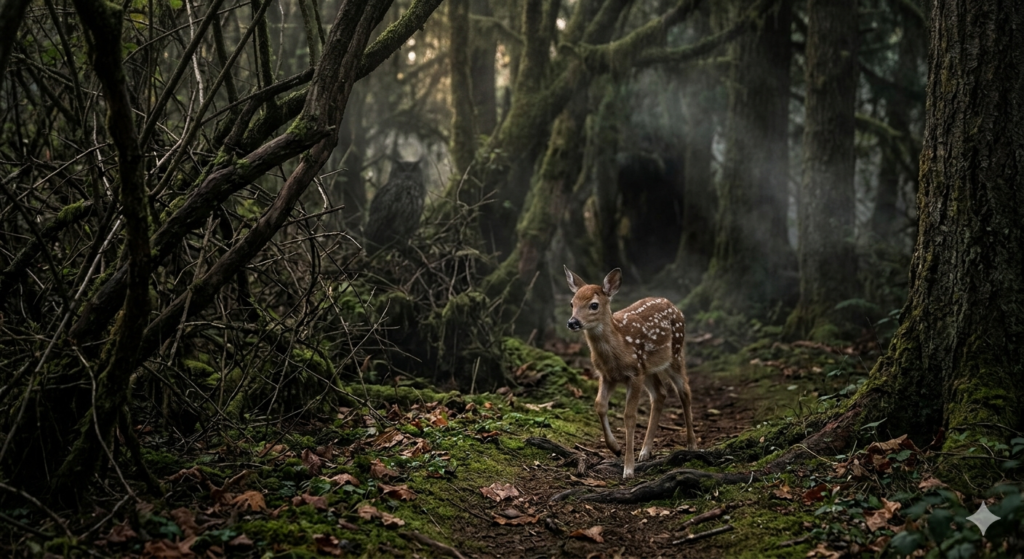 A baby deer walks in deep woods.