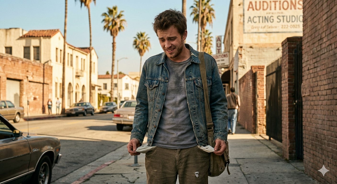 A poorly clad young man with empty out-turned pockets walks a street in Southern California, behind him is a sign that reads: Auditions, Acting Studio.
