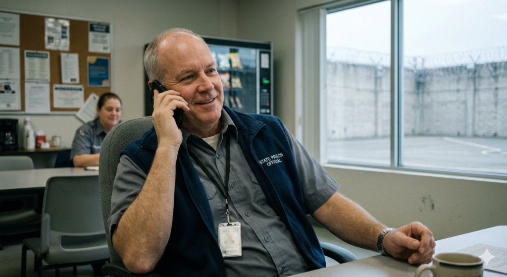 A prison official makes a relaxed phone call.