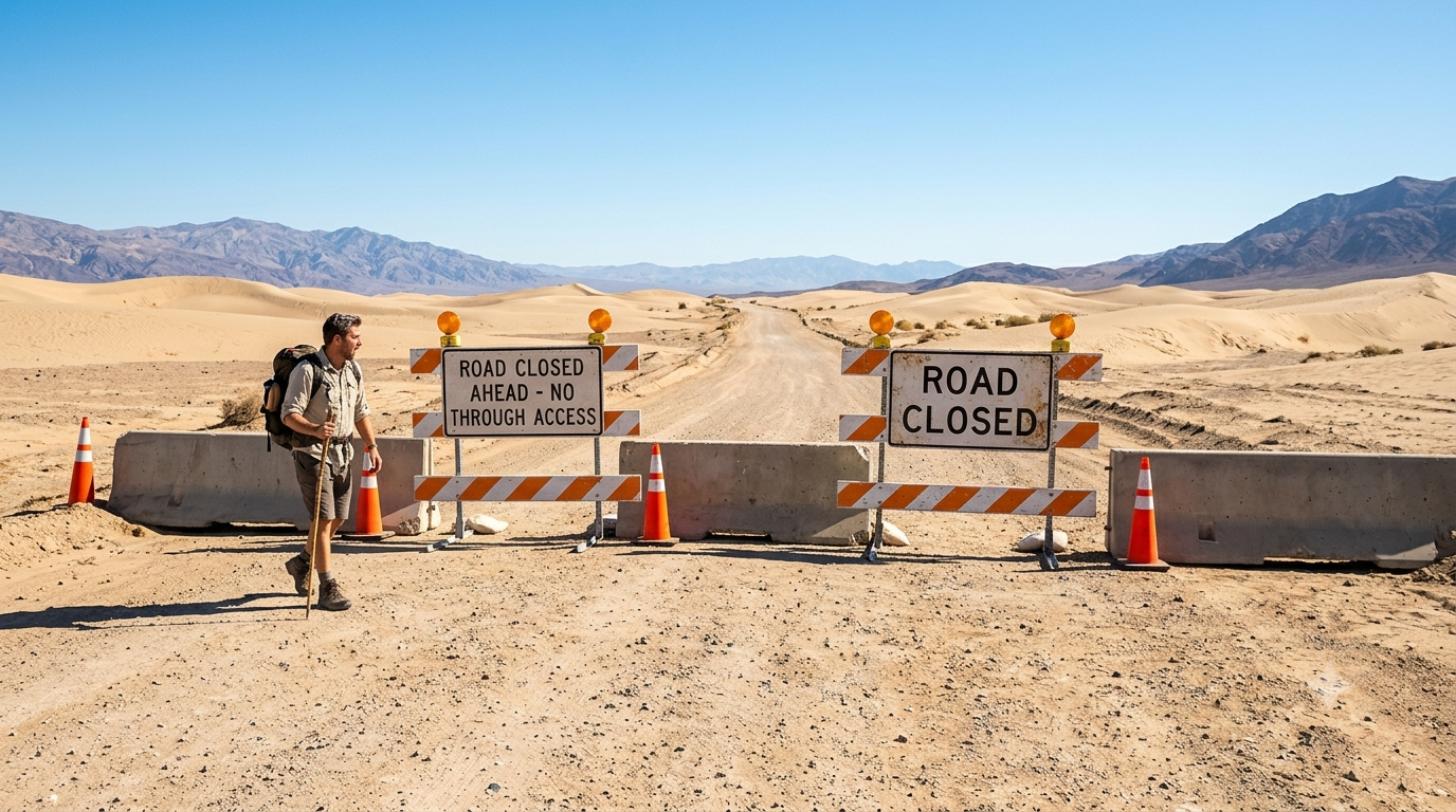 A man with a walking stick and backpack encounters a closed road in the desert.