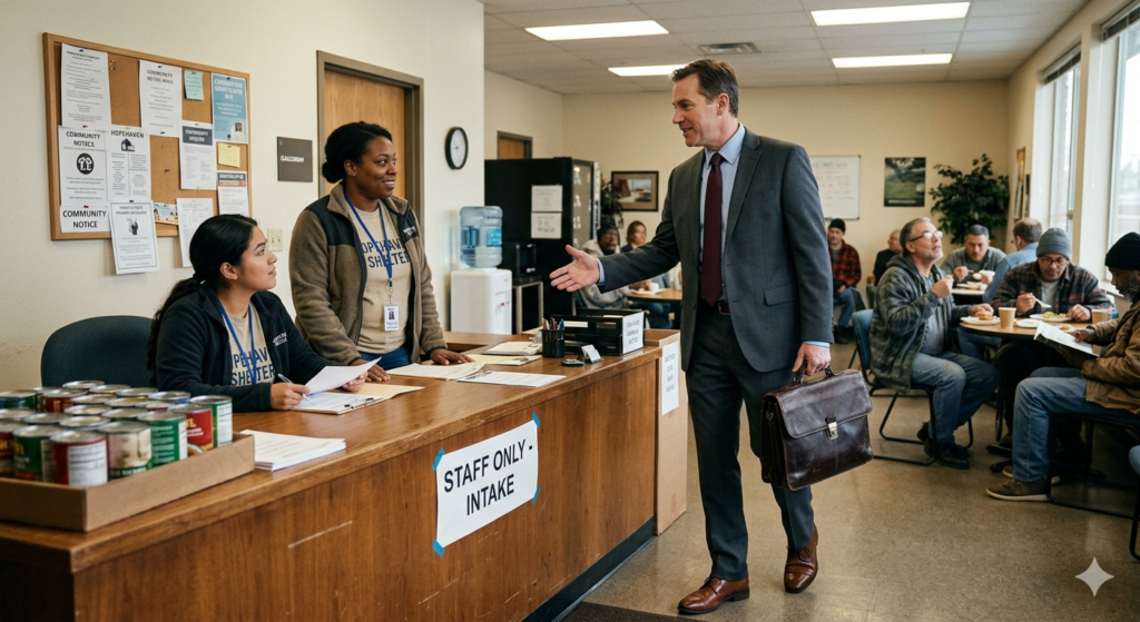 A salesman in a suit with a briefcase approaches the front desk at a homeless shelter.