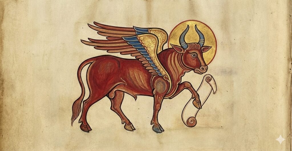 A winged bull, in the style of an illuminated manuscript.