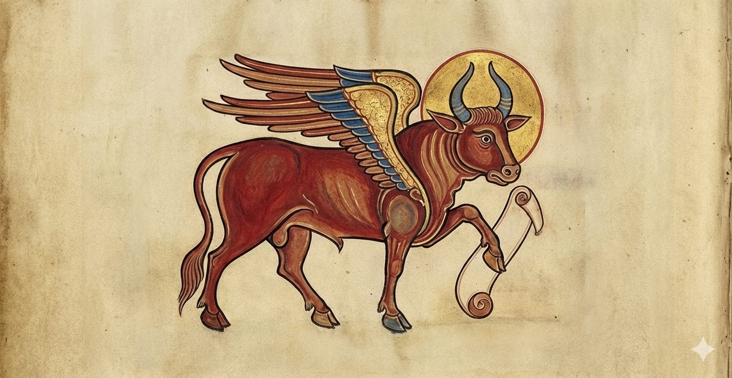 A winged bull, in the style of an illuminated manuscript.