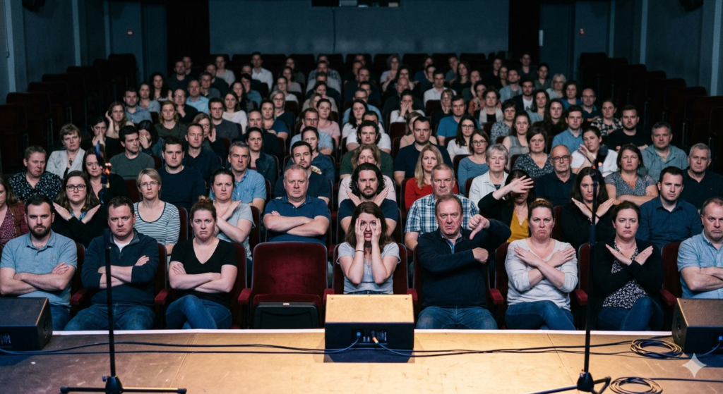 A disapproving crowd looks at a small performance stage.
