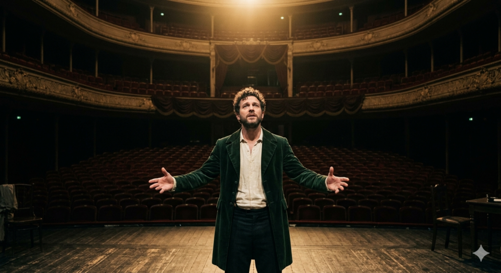 A lone actor on stage in a large, empty theater. A lone actor on stage in a large, empty theater.